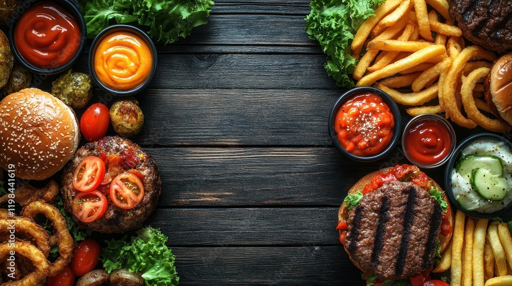 Delicious spread of burgers, fries, and sauces on a rustic wooden table with fresh vegetables Delicious spread of burgers, fries, and sauces on a rustic wooden table with fresh vegetables