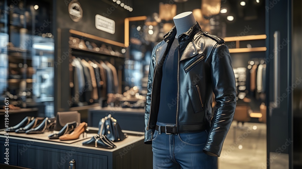 Naklejka premium Leather Jacket Displayed In A Mens Fashion Store