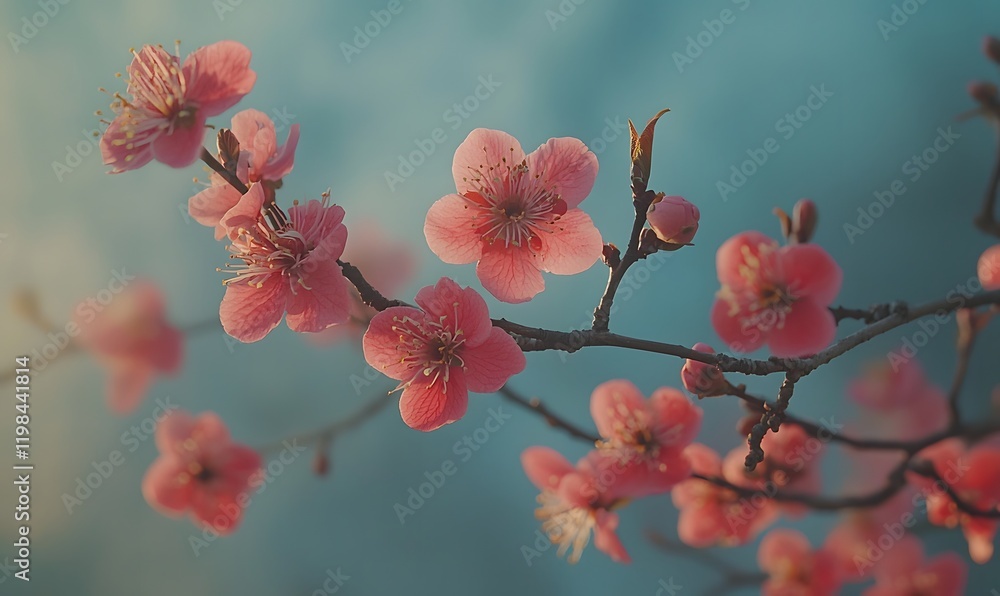 Pink flowers on a tree branch with a blurred background