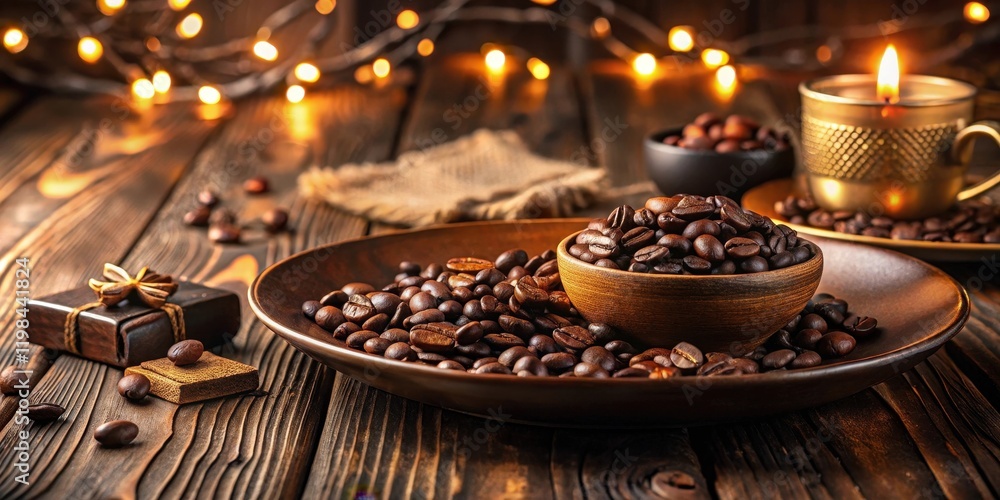 Aromatic Coffee Beans in Rustic Bowl, Cozy Evening Ambiance with Warm Lighting and Small Gifts Aromatic Coffee Beans in Rustic Bowl, Cozy Evening Ambiance with Warm Lighting and Small Gifts