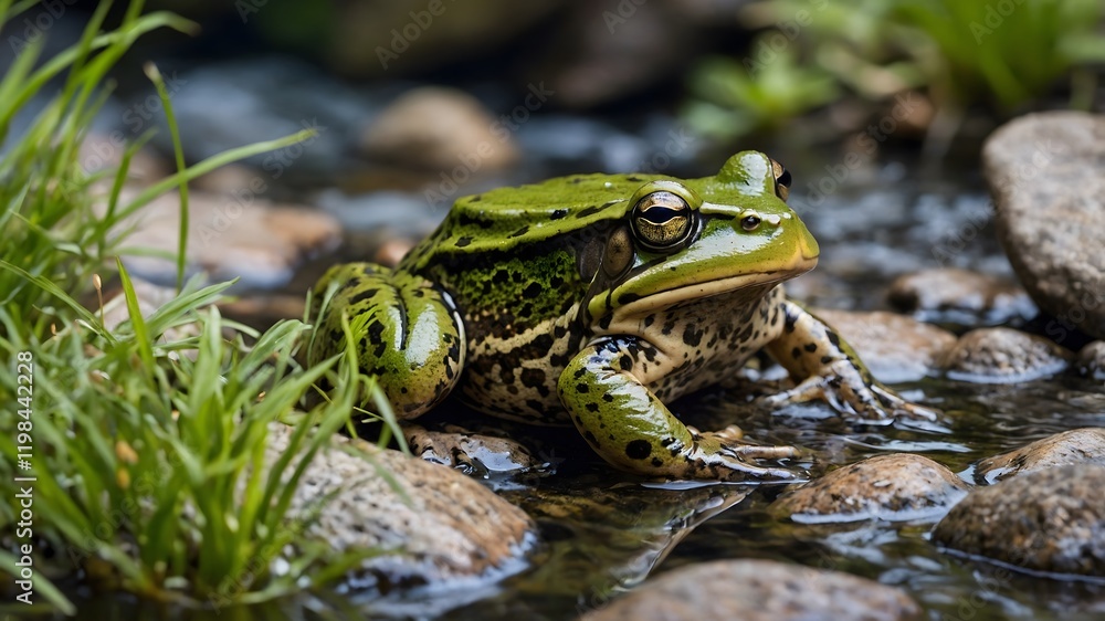 Master of Disguise: Bullfrog Concealed Among Rocks and Greenery Master of Disguise: Bullfrog Concealed Among Rocks and Greenery