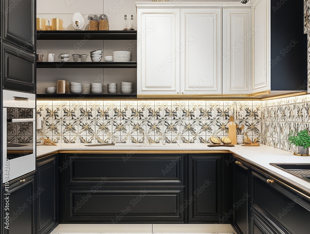 Fototapeta premium Elegant Black and White Kitchen Design With Gold Accents