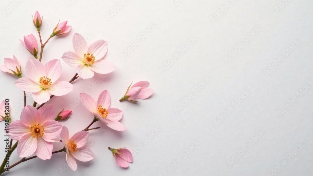 Fototapeta premium Delicate Pink Blossoms Arranged on a Soft White Background, a Springtime Floral Composition for Elegant Design Projects