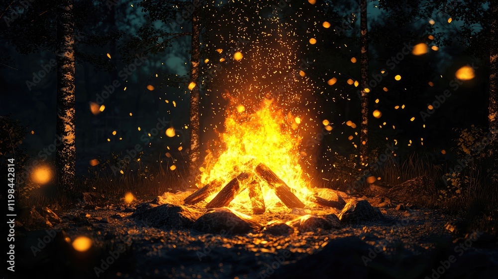 A glowing campfire surrounded by people in the evening woods. A glowing campfire surrounded by people in the evening woods.
