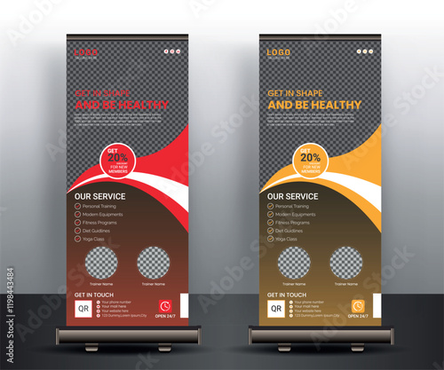 Fitness roll up banner template, Gym premium x-banner vector template design, Fitness business brochure flyer banner design vertical banner template, Roll up banner stand