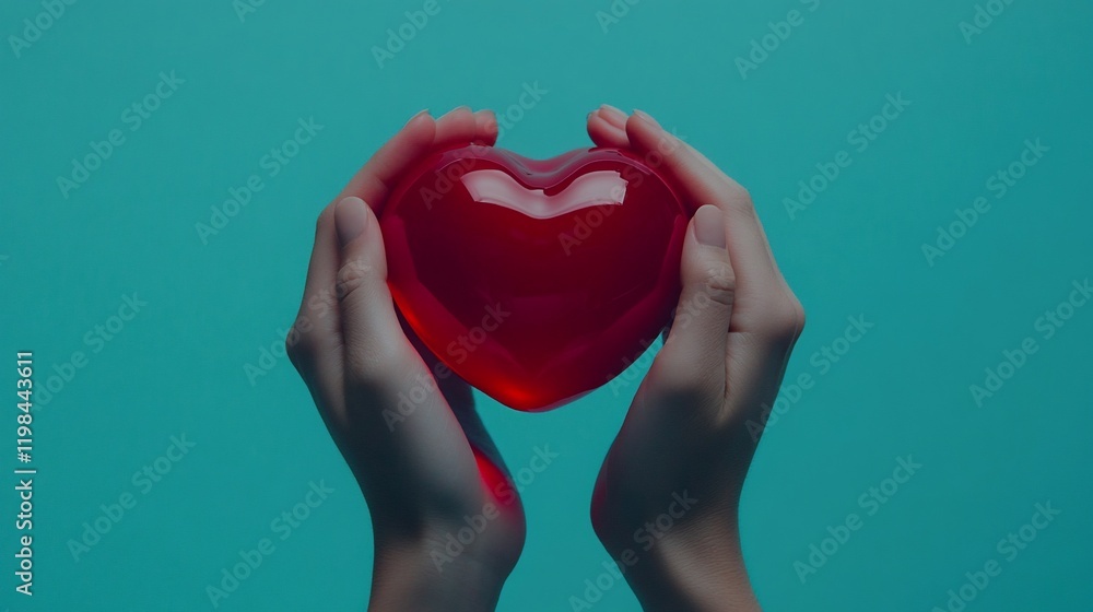 Fototapeta premium Two hands gently cradling a translucent red heart against a teal background.