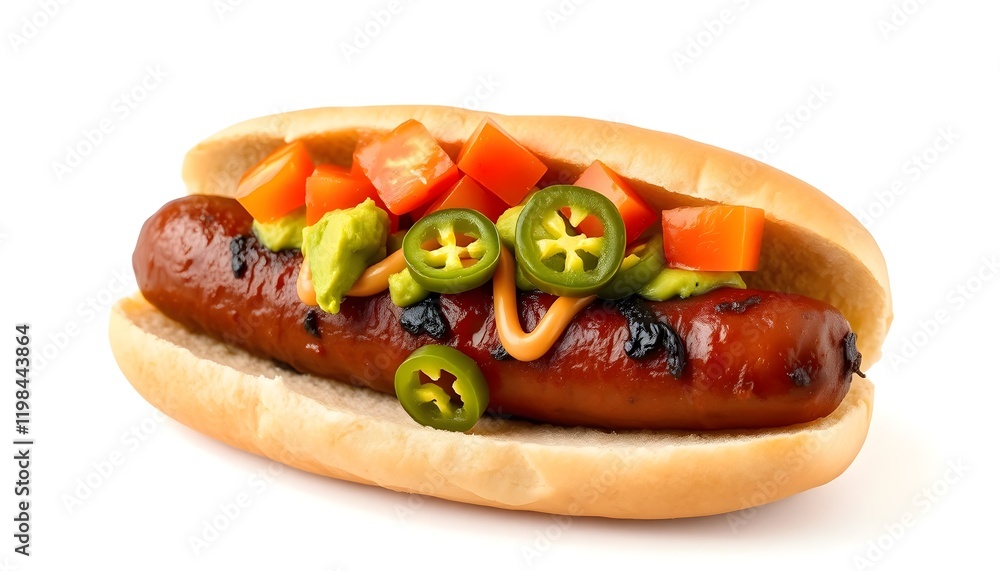 Close-up of a gourmet hot dog, showcasing a grilled sausage topped with diced tomatoes, sliced jalapenos, avocado, and a creamy sauce. Close-up of a gourmet hot dog, showcasing a grilled sausage topped with diced tomatoes, sliced jalapenos, avocado, and a creamy sauce.