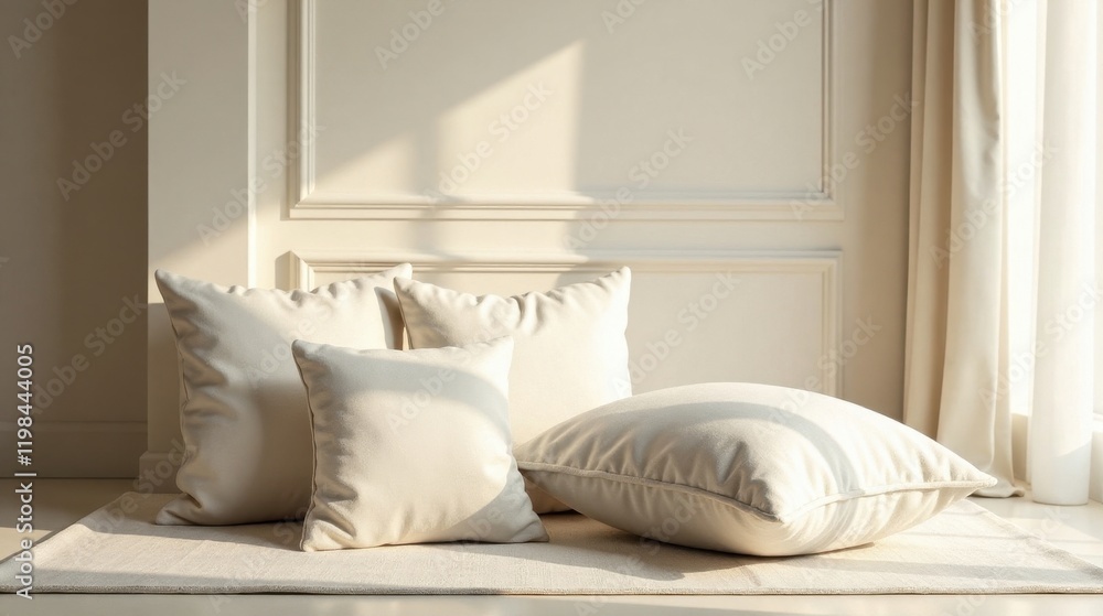 Fototapeta premium Serene Cream-Colored Pillows Resting on a Soft Rug in a Sunlit Room with Elegant Wall Paneling
