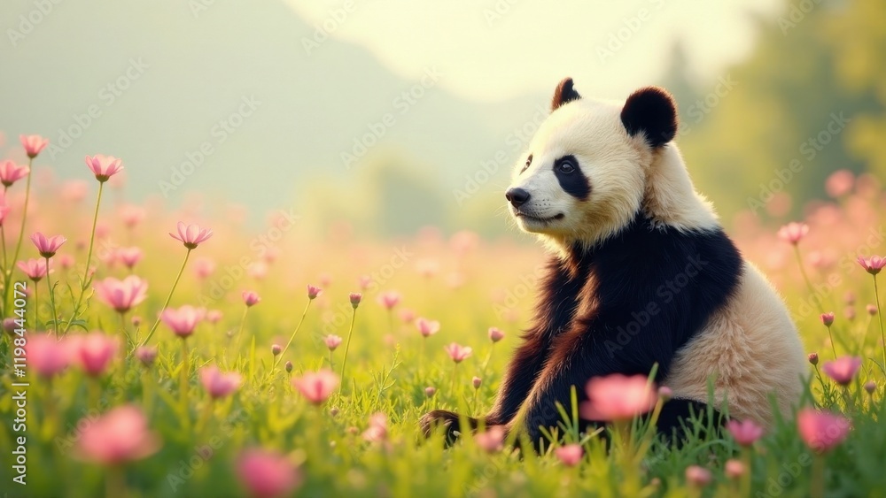 Obraz premium A young panda sits serenely amidst a vibrant field of pink wildflowers, bathed in the warm glow of the setting sun, creating a breathtaking scene of natural beauty.