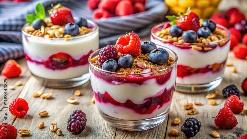Delightful layered berry dessert with creamy yogurt and crunchy granola topping in elegant glass parfaits Delightful layered berry dessert with creamy yogurt and crunchy granola topping in elegant glass parfaits