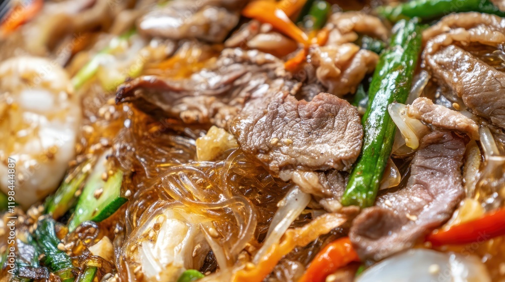 Delicious Japchae: Korean Glass Noodles with Beef and Vegetables Delicious Japchae: Korean Glass Noodles with Beef and Vegetables