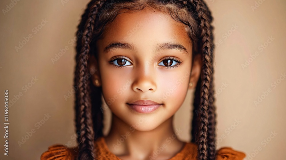 Close-up portrait of a young girl with braided hair, ideal for children's events, beauty campaigns, and social media. Perfect for uplifting marketing materials. Close-up portrait of a young girl with braided hair, ideal for children's events, beauty campaigns, and social media. Perfect for uplifting marketing materials.