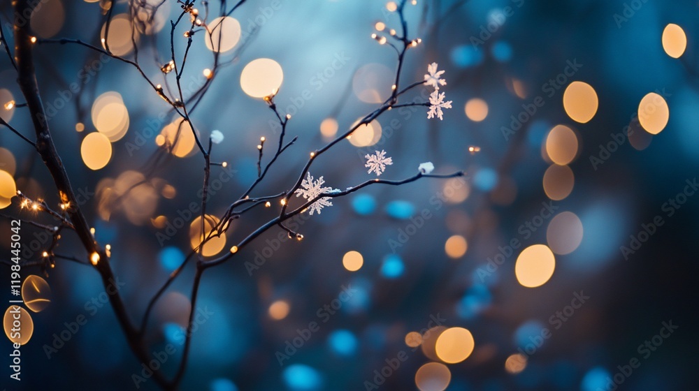Illuminated branches with artificial snowflakes against a bokeh background. Illuminated branches with artificial snowflakes against a bokeh background.