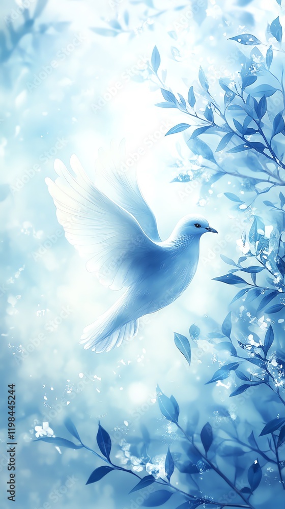 Fototapeta premium Serene White Dove Soaring in a Dreamlike Blue Forest