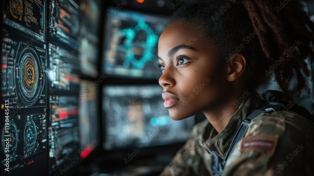 Naklejka premium Focused military personnel analyzing high-tech data in a control room with digital displays