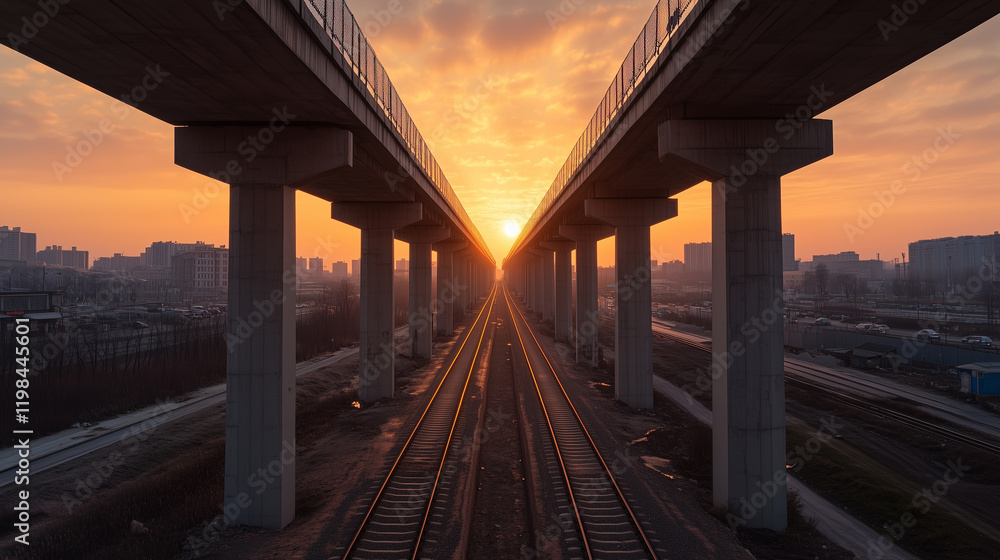 serene sunrise illuminates empty railway beneath towering overpasses, creating sense of solitude and tranquility serene sunrise illuminates empty railway beneath towering overpasses, creating sense of solitude and tranquility