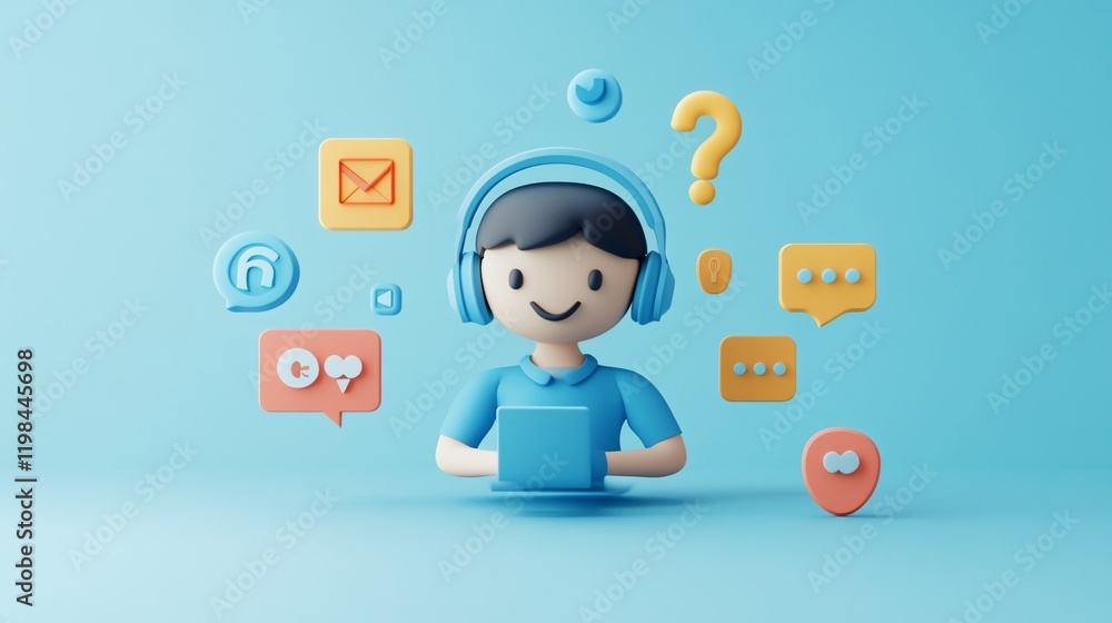 Happy cartoon character using laptop, headphones, surrounded by communication icons. Happy cartoon character using laptop, headphones, surrounded by communication icons.