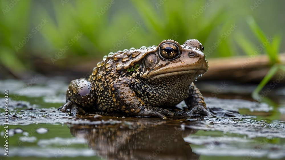 Wetland Serenity: Common Toad Resting on Log Amid Raindrops Wetland Serenity: Common Toad Resting on Log Amid Raindrops