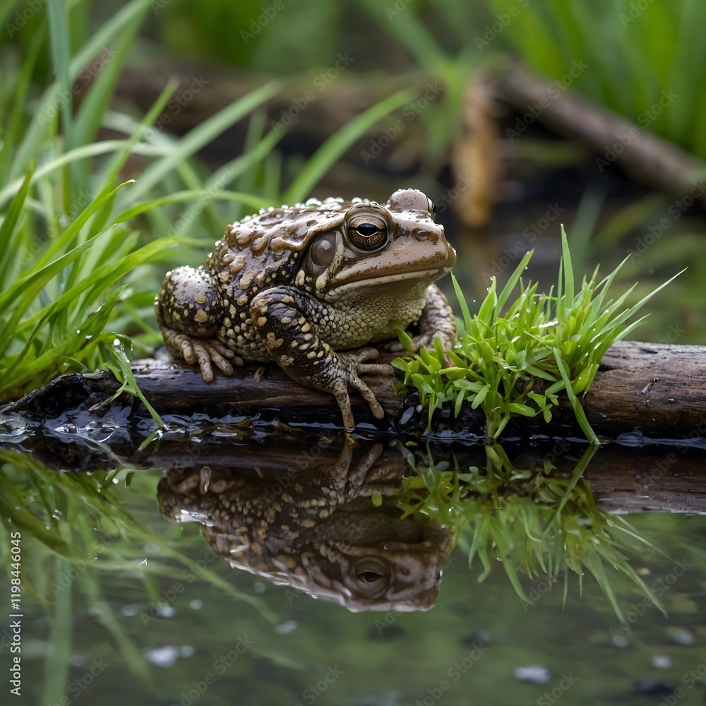 Obraz premium Raindrops and Rest: Common Toad on Log in Tranquil Wetland