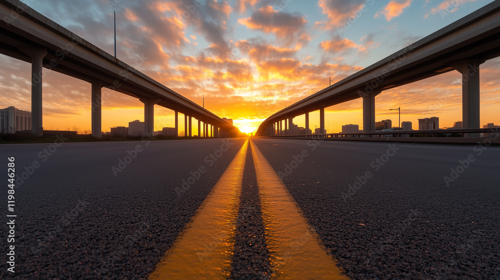 deserted highway stretches into horizon under vibrant sunrise, with solitude of scene emphasized by empty road and dramatic sky deserted highway stretches into horizon under vibrant sunrise, with solitude of scene emphasized by empty road and dramatic sky