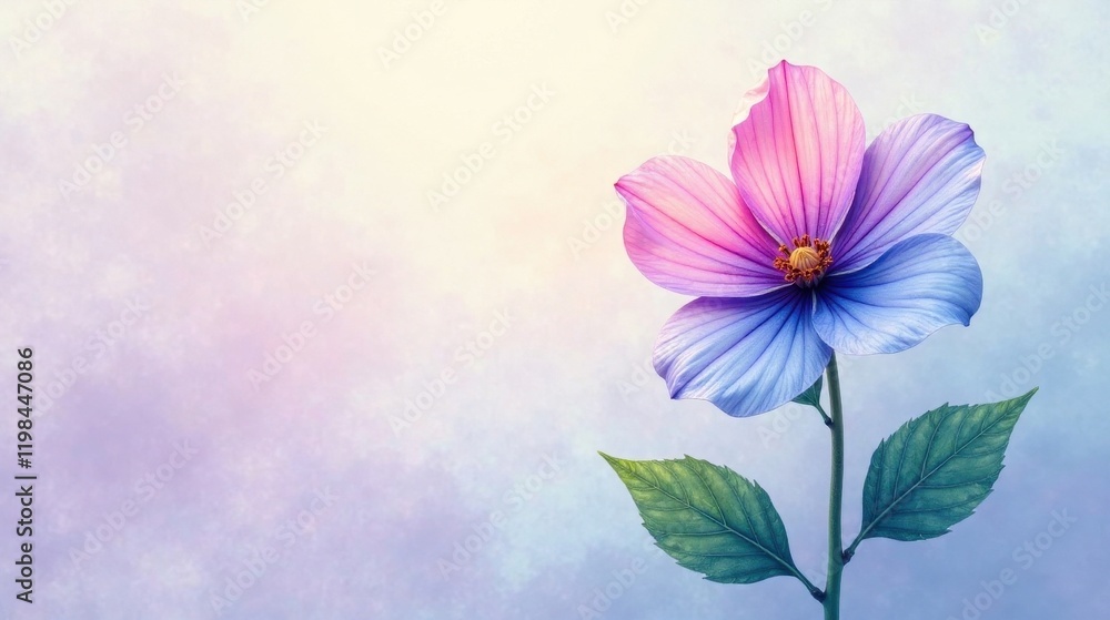 Obraz premium Serene Pastel Bloom A Delicate Watercolor-Style Floral Illustration Featuring a Single Flower with Soft Pink and Blue Petals Against a Dreamy Background