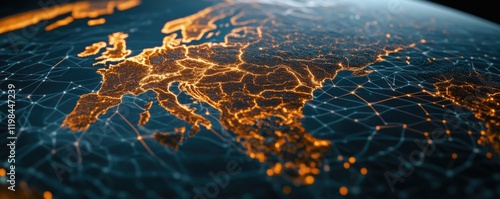 A detailed view of a digitally rendered map of Europe, showcasing illuminated connections and networks across the continent against a dark background. photo