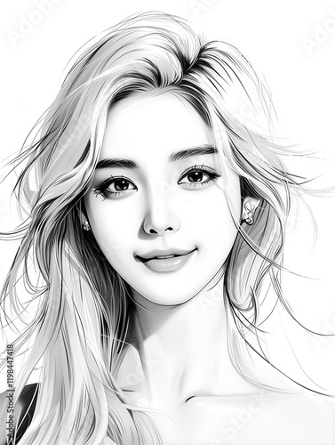 Asian woman model drawn in cartoon style. Female virtual K-pop idol coloring book. Korean Girls model with black and white line.