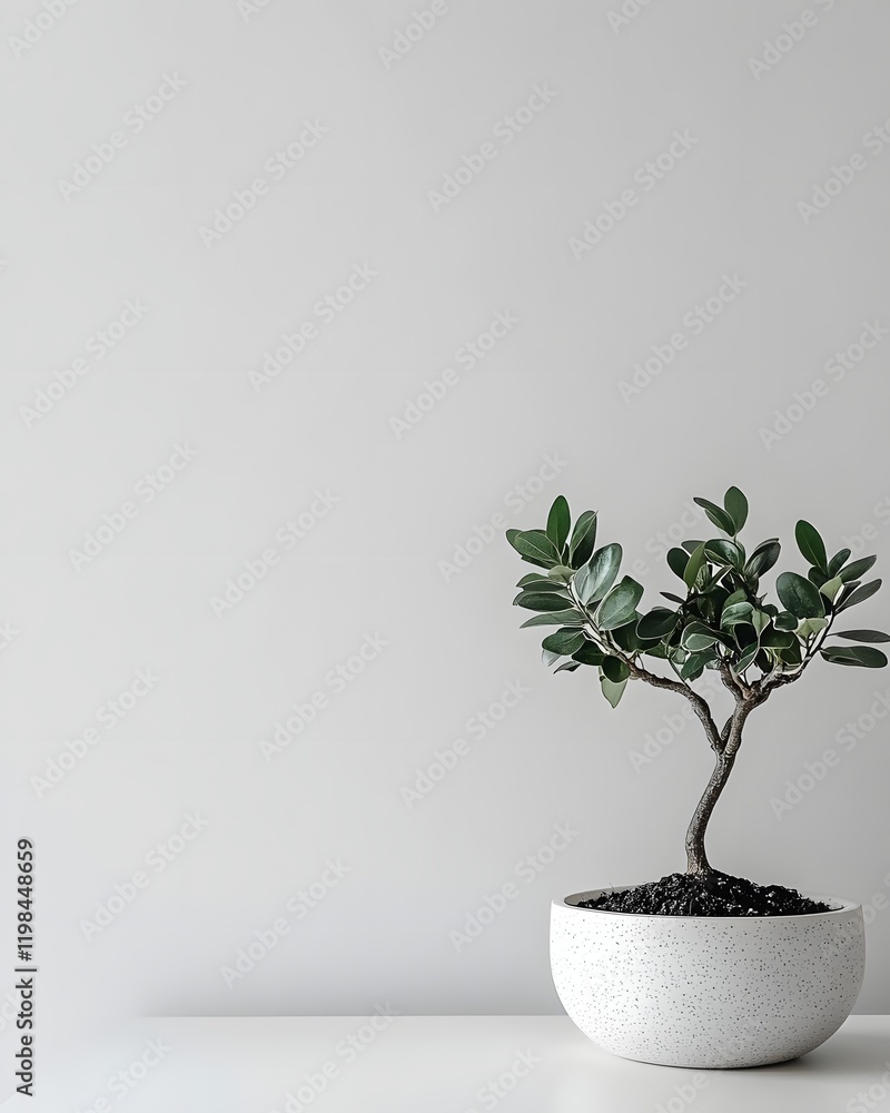 A small bonsai tree in a minimalist pot against a plain wall, symbolizing tranquility. A small bonsai tree in a minimalist pot against a plain wall, symbolizing tranquility.