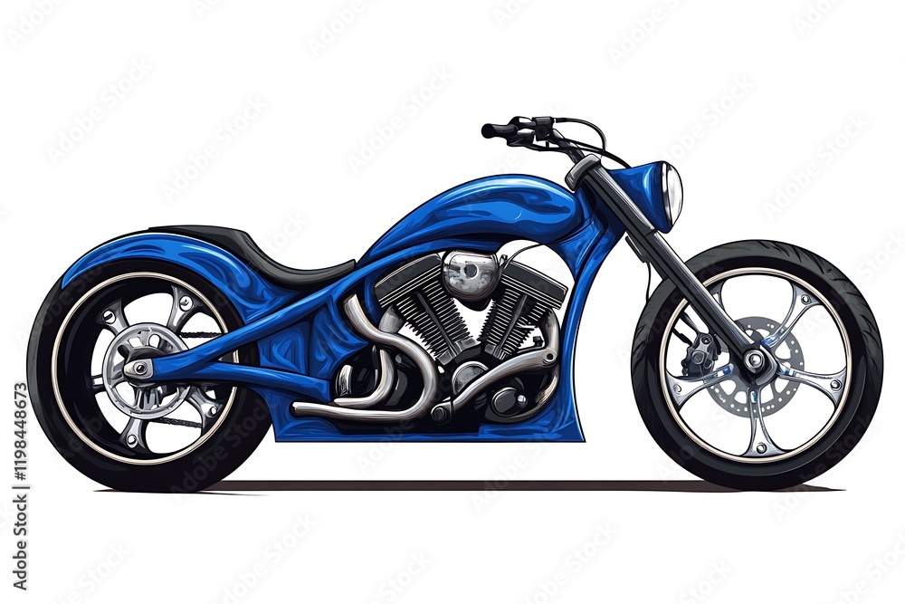 Fototapeta premium Custom Blue Flame Motorcycle: Sleek Chopper Design Illustration