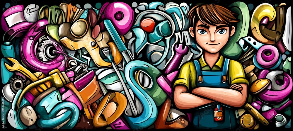 Cartoon boy amidst colorful tools and objects. Cartoon boy amidst colorful tools and objects.
