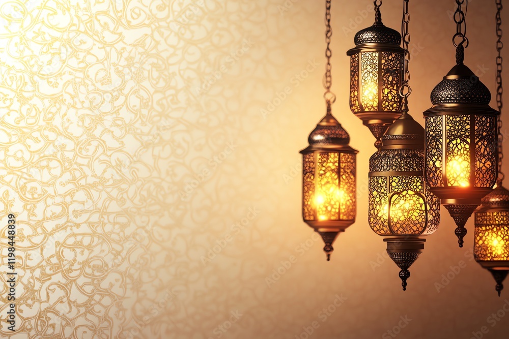 background featuring a glowing crescent moon and an ornate Islamic lantern on the left side, with intricate arabesque patterns in the foreground. The scene is rich in golden and teal tones background featuring a glowing crescent moon and an ornate Islamic lantern on the left side, with intricate arabesque patterns in the foreground. The scene is rich in golden and teal tones