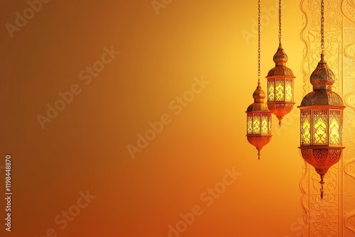 background featuring a glowing crescent moon and an ornate Islamic lantern on the left side, with intricate arabesque patterns in the foreground. The scene is rich in golden and teal tones