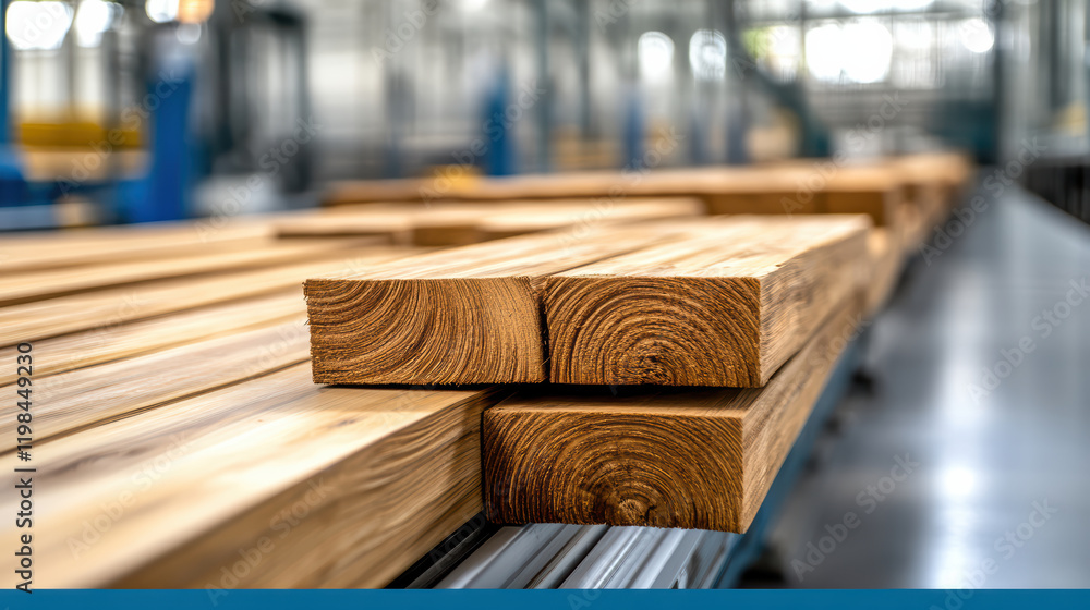 High quality wooden planks stacked in modern processing facility High quality wooden planks stacked in modern processing facility