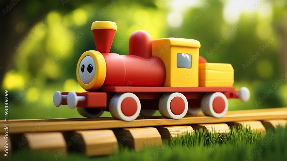 Cute cartoon red and yellow toy train on wooden tracks in a green grassy field. Cute cartoon red and yellow toy train on wooden tracks in a green grassy field.