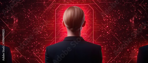 A mysterious figure in a suit stands before a glowing red backdrop, surrounded by digital patterns, evoking themes of technology and intrigue. photo