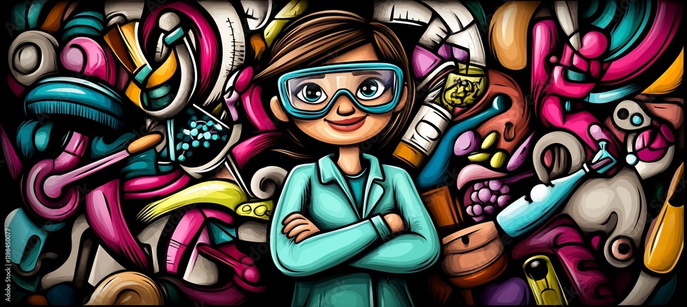 Confident female scientist amidst colorful science doodles. Confident female scientist amidst colorful science doodles.
