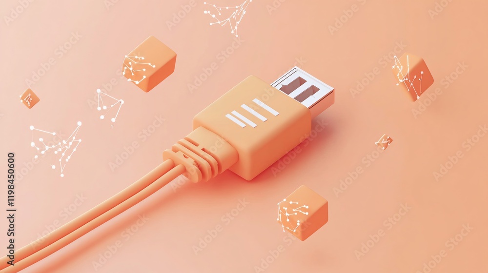 Orange USB cable with connection nodes. Orange USB cable with connection nodes.