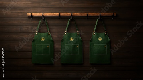 Green Canvas Aprons Hanging on Wooden Rack with Natural Lighting photo