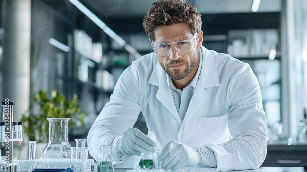 Laboratory scientist in lab coat conducting experiment with precision Laboratory scientist in lab coat conducting experiment with precision