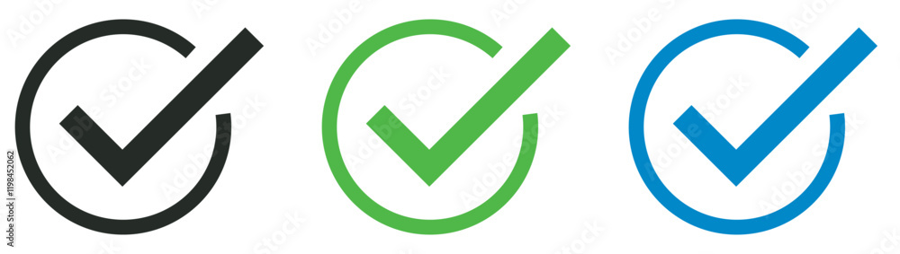 Check mark icon button set. Check box icon right buttons, vector illustration. Check mark icon button set. Check box icon right buttons, vector illustration.