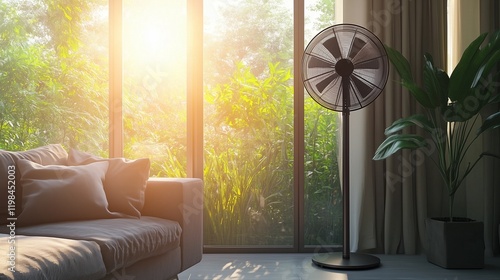 A modern standing fan in a well-decorated room, with sunlight streaming through the window, symbolizing comfort.