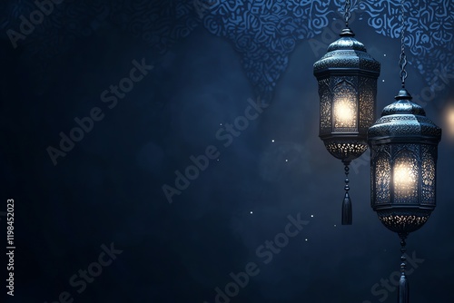 background featuring a glowing crescent moon and an ornate Islamic lantern on the left side, with intricate arabesque patterns in the foreground. The scene is rich in golden and teal tones, grey