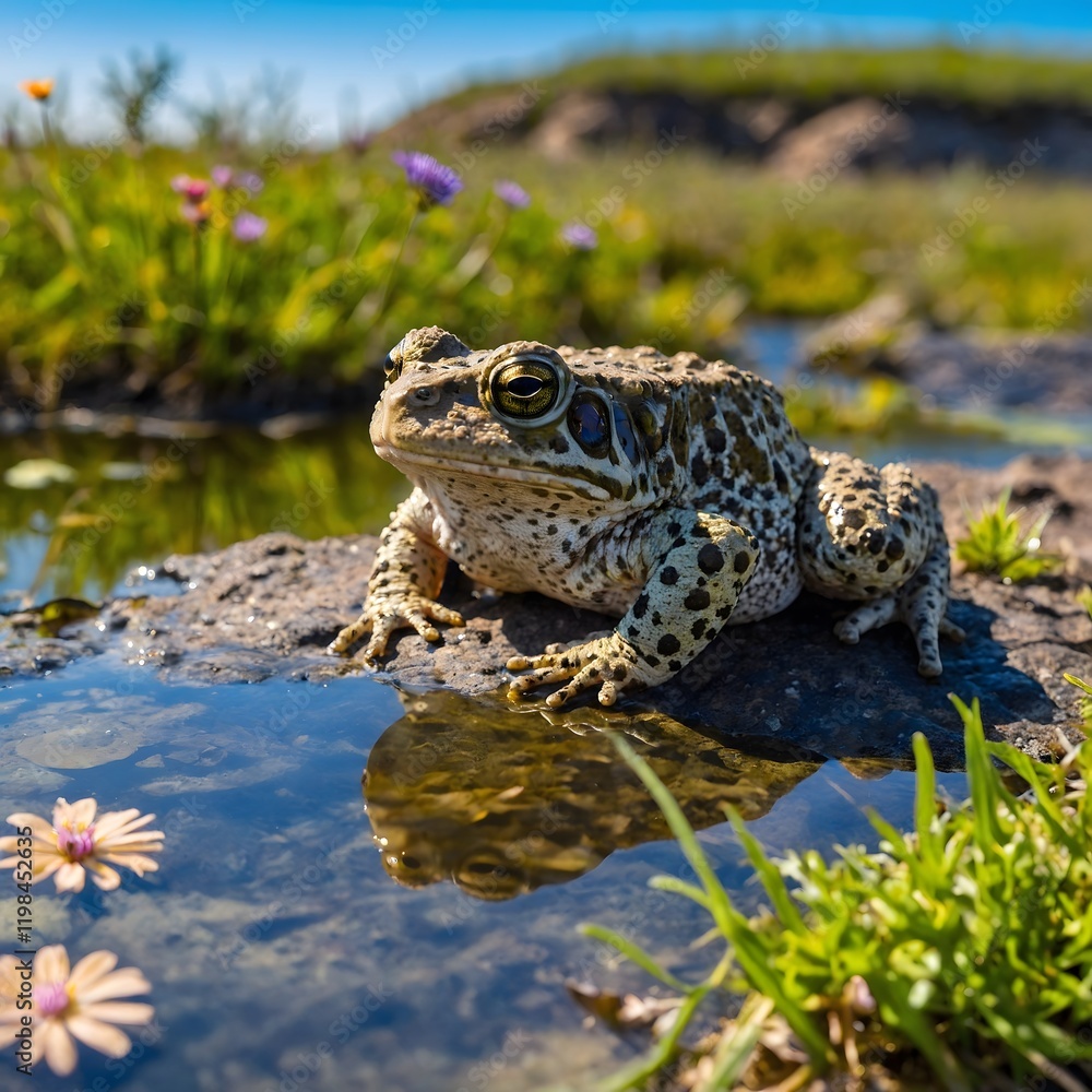 Obraz premium Nature’s Glow: Natter jack Toad in a Bright Habitat by Shimmering Pond