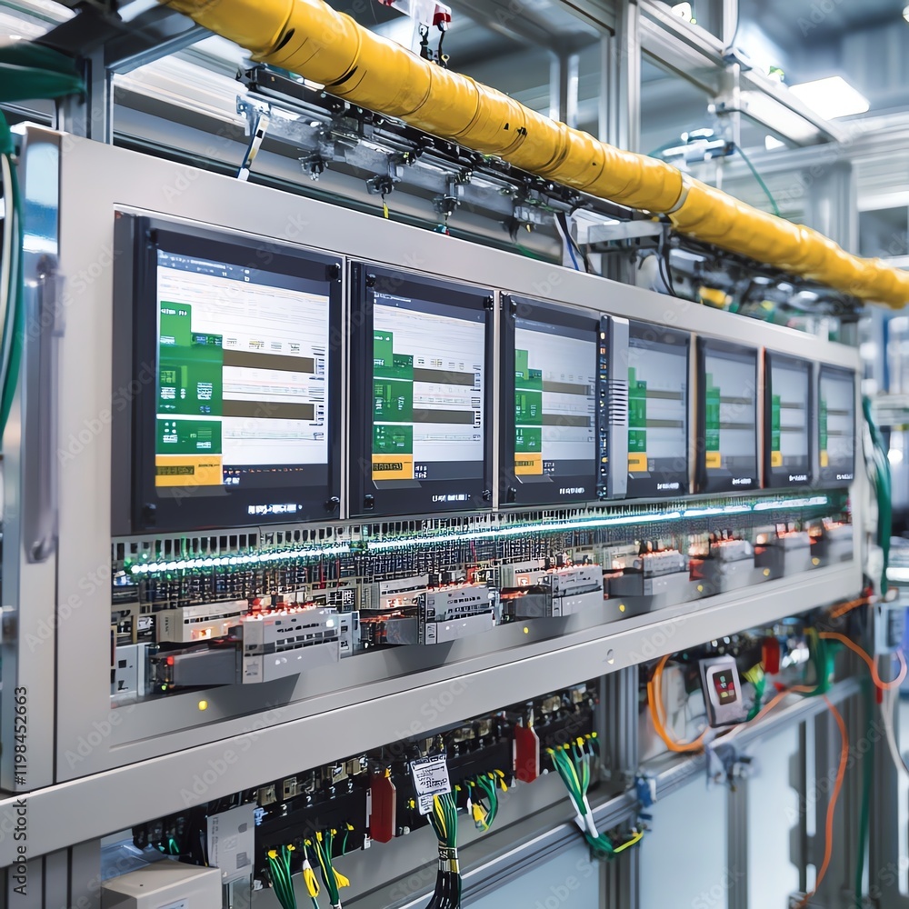 Control Room With Multiple Monitors Displaying Data in an Industrial Setting Focused on Automation and Monitoring Systems Control Room With Multiple Monitors Displaying Data in an Industrial Setting Focused on Automation and Monitoring Systems
