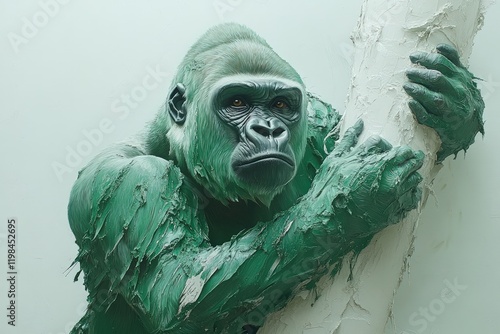 Green gorilla embraces white tree, impasto style. photo