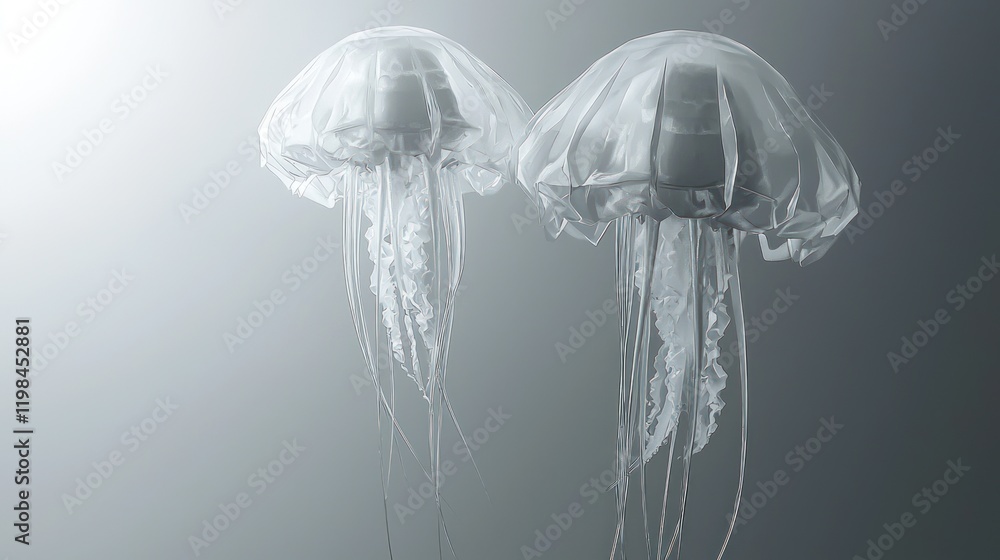 Naklejka premium Two translucent jellyfish float gracefully against a muted background.