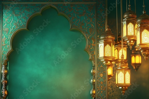 background featuring a glowing crescent moon and an ornate Islamic lantern on the left side, with intricate arabesque patterns in the foreground. The scene is rich in golden and teal tones green color