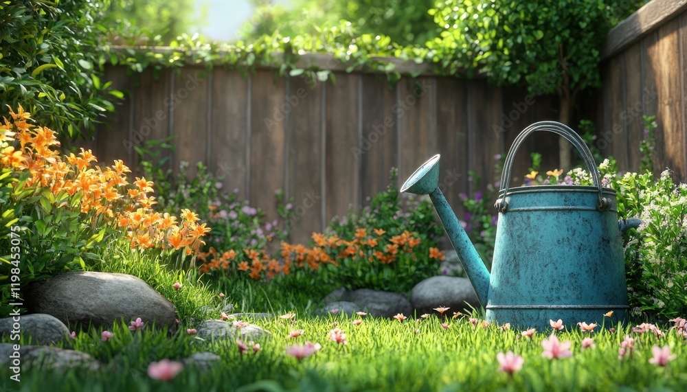 Rustic Garden Maintenance A Blooming Oasis with Watering Can and Gloves Embrace the charm of a vintage watering can amidst vibrant flowers, showcasing the beauty of gardening with careful hand This