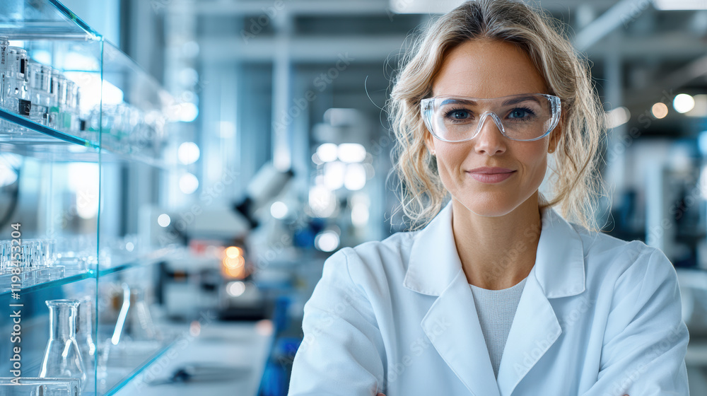 confident woman in lab coat smiles in modern tech lab setting confident woman in lab coat smiles in modern tech lab setting