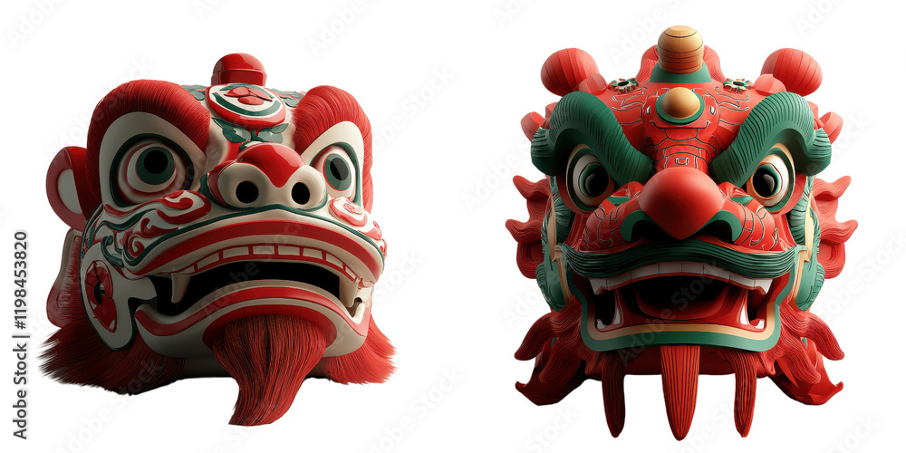 Fototapeta premium Colorful lion dance masks featuring intricate designs, showcasing fierce expressions and vibrant detailing in red and green hues.
